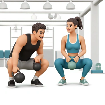 Two friends encouraging each other while performing kettlebell goblet squats at the gym