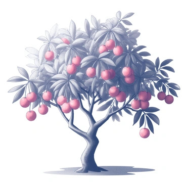 A lychee tree with a strong trunk and numerous branches extending outward. The tree is filled with clusters of ripe, pink lychees hanging from the branches. The leaves of the tree are broad and glossy, providing a rich backdrop to the clusters of fruit. Sunlight filters through the foliage, casting dappled shadows on the ground beneath. The scene conveys a sense of abundance and vitality, emphasizing the ripe fruit ready for harvest.
