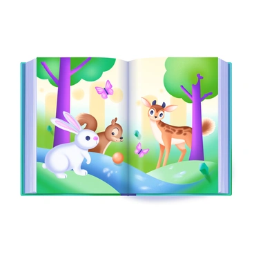 A page from a children's book depicting a vibrant forest filled with colorful trees in shades of green, yellow, and orange. In the foreground, a cheerful rabbit with fluffy white fur and big ears is standing next to a curious squirrel with a bushy tail. Nearby, a playful deer with gentle brown spots is peeking from behind a tree. Butterflies in bright hues flutter around, and a small stream sparkles as it winds through the scene. The background features tall trees with leafy canopies, creating a joyful and inviting atmosphere.