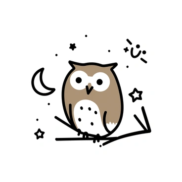 A brown owl with large, round eyes is perched on a sturdy branch. The owl's feathers display intricate patterns of browns and whites. Surrounding the owl are sketches of stars, varying in size and design, and a crescent moon, creating a celestial atmosphere. The branch is depicted as a simple, slender structure, and the background features faint outlines of additional stars and moons.