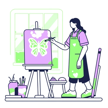 An artist is standing in a sunlit room, focused on painting a butterfly on a canvas. The artist has long hair and is wearing a paint-splattered apron over a shirt. On the easel, the canvas displays the outline of a butterfly with intricate wing patterns. The artist is holding a brush in their right hand, poised to add color. Natural light streams through a large window, casting soft shadows across the wooden floor. Surrounding the artist are jars filled with brushes and a palette with various colors. A small stool is placed nearby, and a few completed paintings can be seen leaning against the wall.