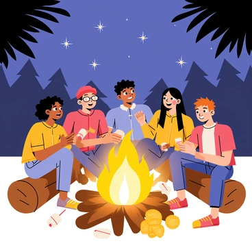 A lively group of five friends sitting around a glowing campfire. The campfire emits bright orange flames and warm yellow light, creating a cozy atmosphere. Each friend has a unique appearance; one has curly brown hair, another sports glasses, a third wears a red beanie, a fourth has long straight hair, and the last has short spiky hair. They are all engaged in sharing stories, with expressive facial expressions. The scene includes twinkling stars in the night sky above and silhouettes of trees in the background, adding to the outdoor ambiance. The friends are seated on logs, and various snacks like marshmallows and chips are scattered around them.