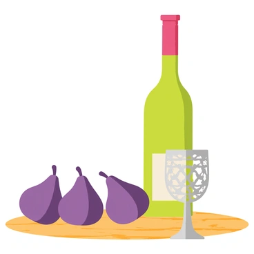 A still life composition featuring three ripe purple figs arranged on a textured wooden surface. Beside the figs, there is a tall green wine bottle with a simple label. Next to the bottle, a vintage glass with intricate patterns catches the light, showcasing its elegant design. The scene is subtly illuminated to highlight the rich colors and textures of the figs and glass, creating a warm and inviting atmosphere.
