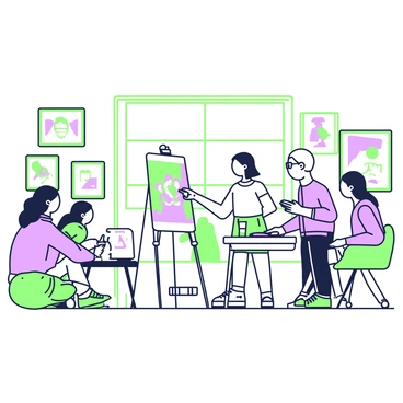 A classroom filled with students engaged in an illustration class. In the center, a student stands beside an easel displaying their artwork, which features vibrant colors and intricate designs. The lecturer, a middle-aged person with glasses, is seated at a desk, providing feedback while gesturing towards the artwork. Other students are seated at desks, some leaning forward to listen intently, while others are sketching in their notebooks. The walls are adorned with various pieces of art, showcasing different styles and techniques. A large window in the background allows natural light to illuminate the room, creating a focused learning atmosphere.