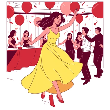 A joyful woman in a flowing yellow elegant dress is dancing joyfully at a vibrant party. She is surrounded by colorful decorations, including red balloons and streamers hanging from the ceiling. The woman's hair is styled elegantly, and she has a radiant smile on her face. The atmosphere is lively, with guests in the background enjoying the celebration. The dance floor is lit with bright lights, enhancing the festive mood of the scene.