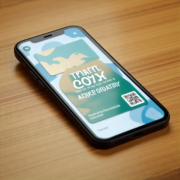 A smartphone with a sleek black frame and a vibrant display. The screen shows a digital gift card featuring a colorful design, prominently displaying the words "Thank You for Being a Loyal Customer" in an elegant font. The background of the card includes abstract patterns in shades of blue and gold. The card also includes a unique code and a QR code, both clearly visible. The smartphone rests on a wooden surface with soft lighting highlighting its features.