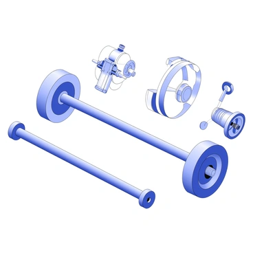 A driveshaft is positioned in a mechanical layout, connecting the engine's transmission to the rear wheels of a car. The driveshaft features a cylindrical shape, with universal joints at both ends for flexibility. The wheels are mounted on axles, with detailed tread patterns visible on the tires. Surrounding the driveshaft, there are various components of the drivetrain, including the differential and the suspension system. The entire assembly highlights the mechanical integrity and engineering of the vehicle.
