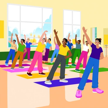 A diverse group of people stretching in unison at the start of an aerobics class. There are men and women of varying ages and ethnic backgrounds, all wearing colorful workout attire. Some individuals are standing with arms raised overhead, while others are bending to the side, reaching for their toes. The lively atmosphere is enhanced by bright exercise mats placed on a polished wooden floor. Large windows reveal a sunny day outside, and motivational posters decorate the walls of the studio.