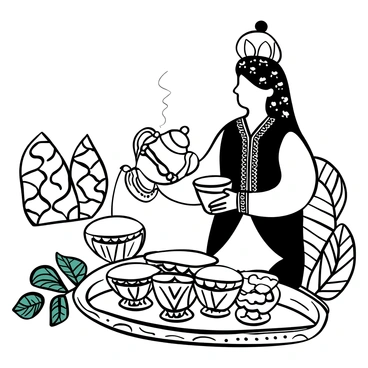 A Moroccan host pouring mint tea from a detailed silver teapot into a series of ornate glass cups arranged on a decorative tray. The host is dressed in traditional attire, featuring intricate patterns and textures. Fresh mint leaves are prominently displayed beside the teapot, and steam rises from the pouring tea, creating an inviting atmosphere. The background includes patterned tiles, typical of Moroccan architecture, enhancing the cultural context of the scene.
