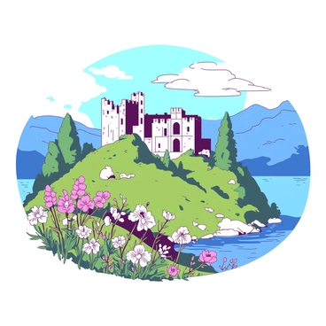 The image showcases the ruins of a historic castle situated on a hillside, set against a backdrop of Lake Como. The castle features crumbling stone walls, partially intact towers, and scattered greenery growing around its base. The hillside slopes gently down towards the shimmering blue waters of the lake, which reflects the sunlight. In the foreground, wildflowers in a variety of colors bloom, adding vibrancy to the scene. A few clouds drift in the sky above the castle, completing this picturesque landscape.