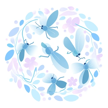A group of locust shapes is intricately intertwined with various floral patterns. The locusts are depicted in different sizes and orientations, showcasing detailed wings and segmented bodies. Surrounding them are flowers with soft petals, displaying a mix of shapes and colors. The illustration features leaves and vines that weave through the locusts and flowers, creating a harmonious composition of nature. The overall arrangement is balanced, with locusts and flowers harmoniously blending into a cohesive design.