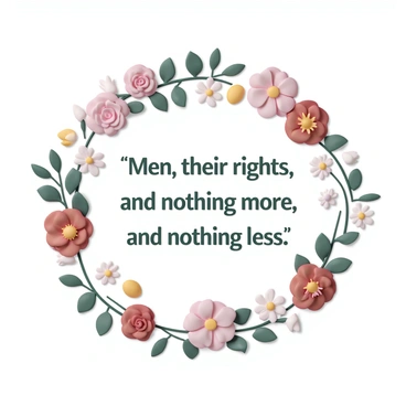 A centered composition of the quote "Men, their rights, and nothing more; women, their rights, and nothing less." in an elegant font. The text is surrounded by intricate floral designs featuring various flowers such as roses, daisies, and lilies, with leaves intertwining around the words. The colors of the flowers are vibrant, including deep reds, soft pinks, and bright yellows. The overall layout is balanced, with the quote prominently displayed in the middle and the floral designs extending outward, creating a harmonious blend of text and nature.