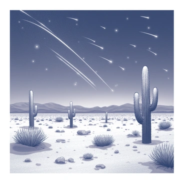 A vast desert landscape stretching across the horizon. The ground is covered with dry, cracked earth and patches of sand. Scattered throughout the scene are various cacti, standing tall with their spiky arms reaching towards the sky. Above, a clear night sky is filled with numerous shooting stars streaking across, creating trails of light as they fall. The contrast between the dark sky and the shapes of the cacti adds depth to the scene, creating a striking visual tableau.