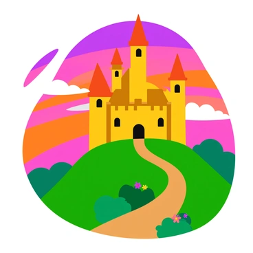 A storybook castle with tall towers and pointed roofs is perched atop a grassy hill. The castle features large, arched windows and a drawbridge that is slightly lowered. The vibrant sky is filled with swirling shades of orange, pink, and purple, indicating a beautiful sunset. Fluffy, white clouds drift lazily in the sky, adding depth to the scene. Below the hill, a winding path leads towards the castle, bordered by bright green bushes and colorful flowers.