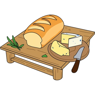 A rustic table setting featuring a loaf of bread and a selection of cheeses