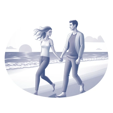 A married couple walking along a beach. The man and woman are holding hands, with their fingers intertwined. The woman has long hair that flows gently in the breeze, while the man has a casual hairstyle. They both wear relaxed clothing suitable for a beach stroll. The background features gentle waves lapping at the shore, and the sun is setting on the horizon, casting a silhouette of the couple against the sky.