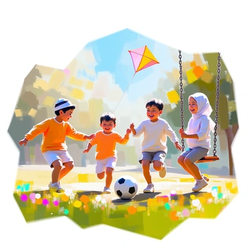 A group of four children, each representing different religions, are playing together in a vibrant, sunny park. One child, wearing a white prayer cap, is joyfully kicking a soccer ball. Another child, with a colorful hijab, is laughing as she swings on a swing set. Nearby, a boy with a yarmulke is chasing after a butterfly, while a girl in a cross necklace is happily flying a kite. The park is filled with lush green grass, blooming flowers, and a clear blue sky, adding to the cheerful atmosphere of their playtime.