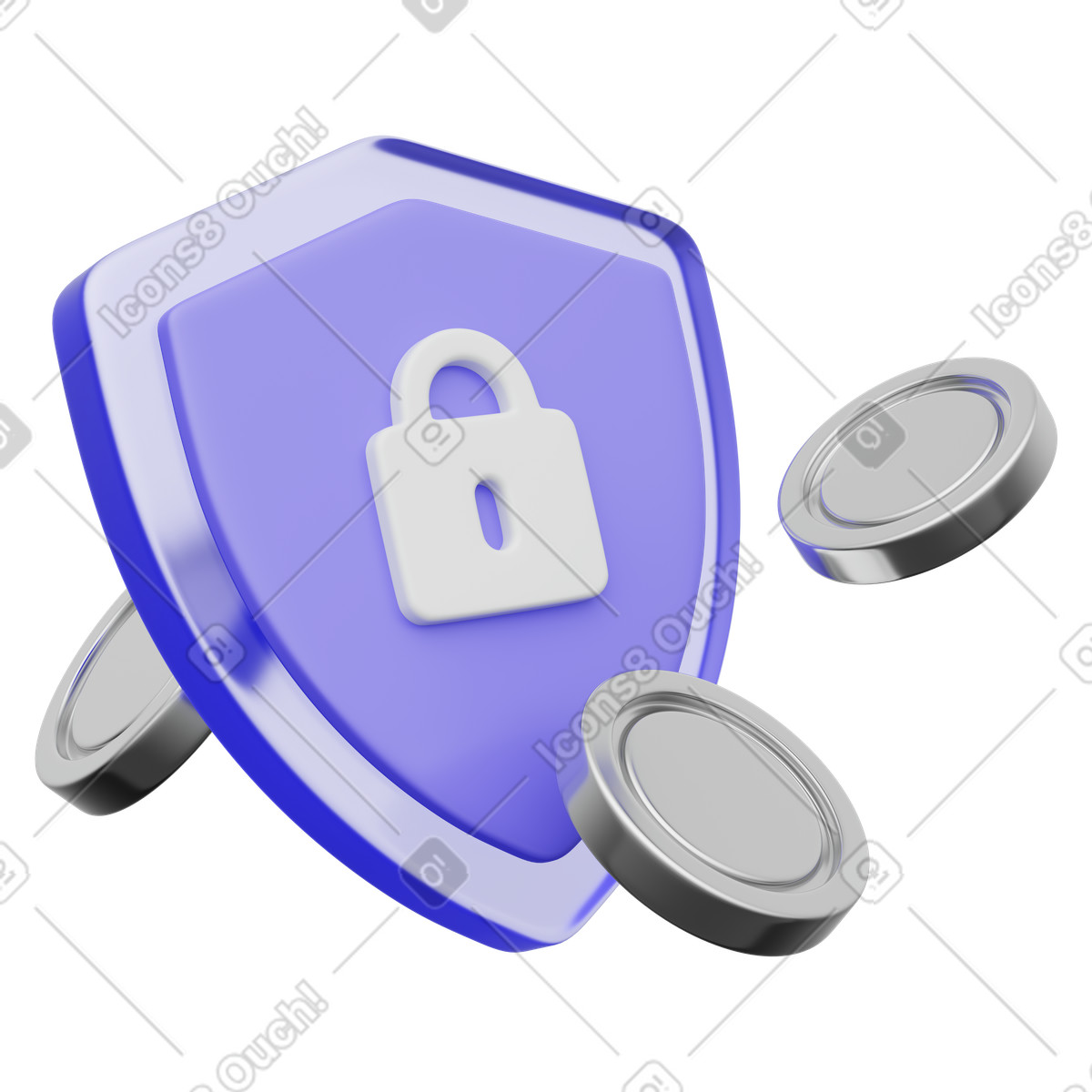 Ilustración Shield with lock and coins, secure payment digital asset protection en estilo 3D Playful a descargar en PNG y SVG