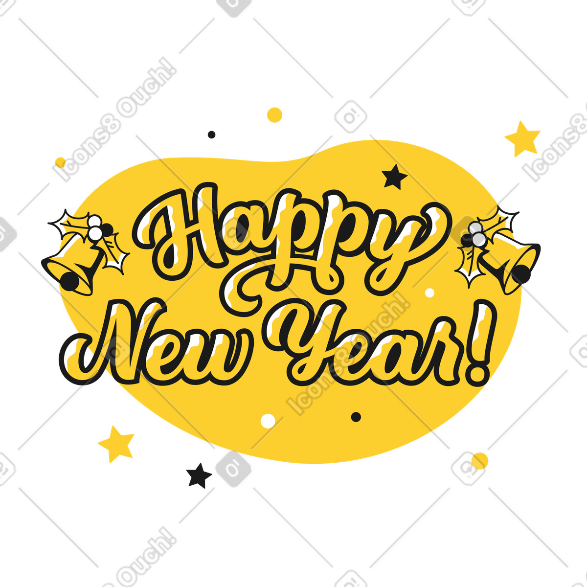 Ilustración Happy New Year text with holly and bells, Festive holiday greeting en estilo Taxi a descargar en PNG y SVG