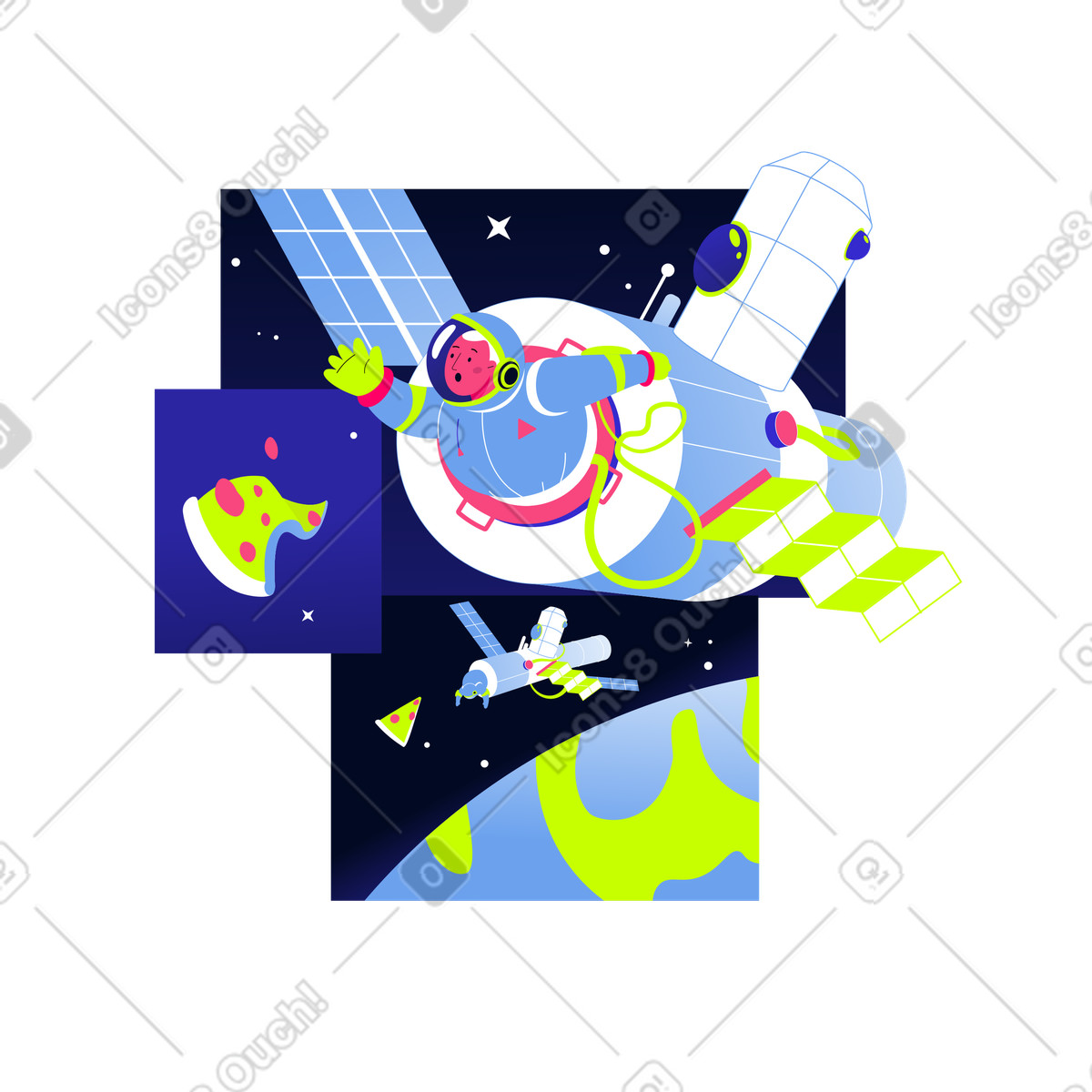 Illustration Astronaut reaching for floating pizza in outer space, Unexpected error or something went wrong metaphor dans le style Space à télécharger aux formats PNG, SVG
