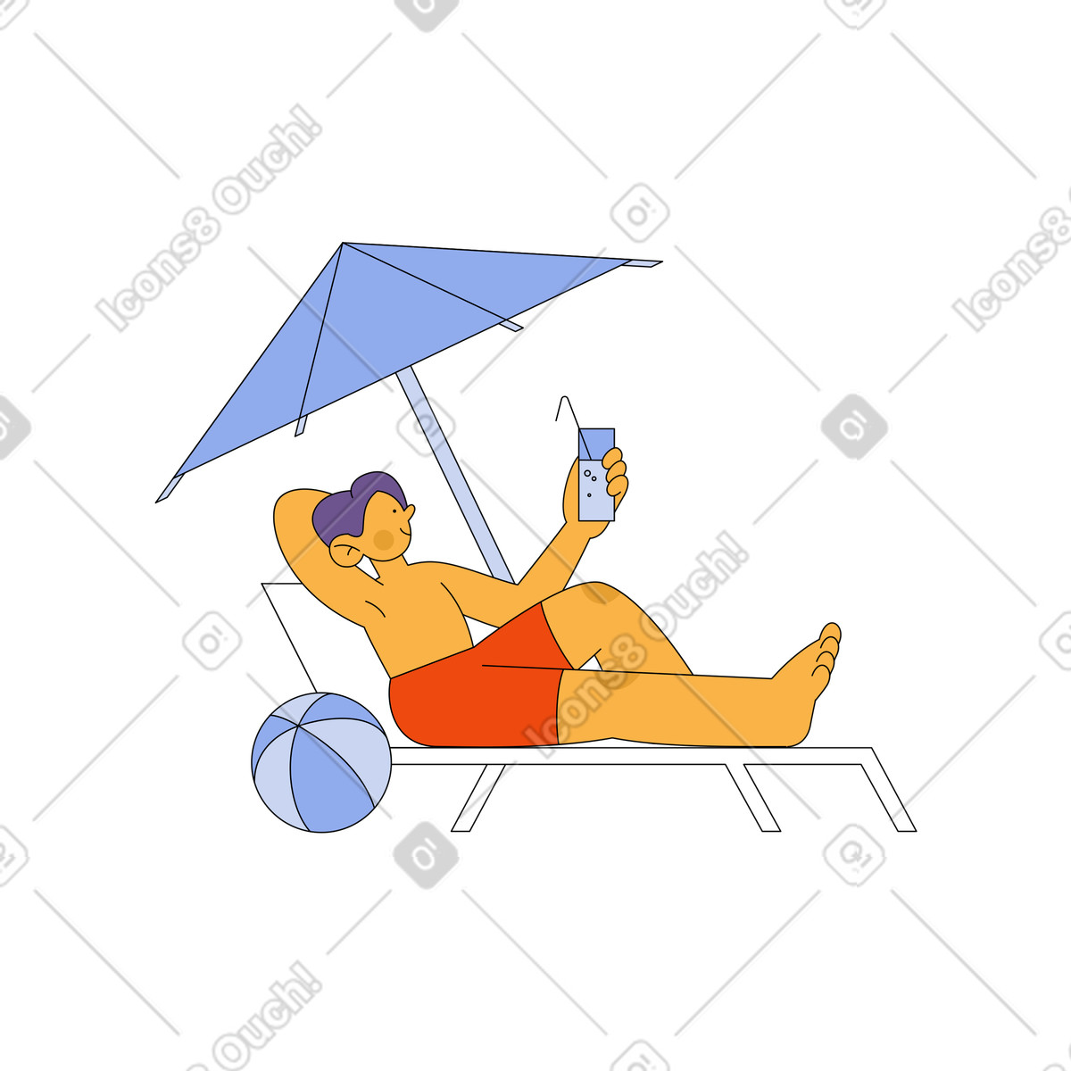 Man resting under an umbrella on a sun lounger illustration chill clipart image PNG