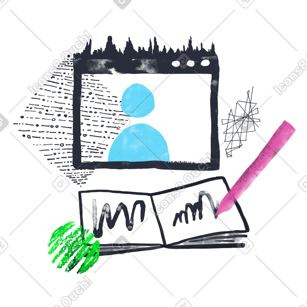 Video call window and note taking, Remote education and digital learning illustration in Inky style download in PNG, SVG
