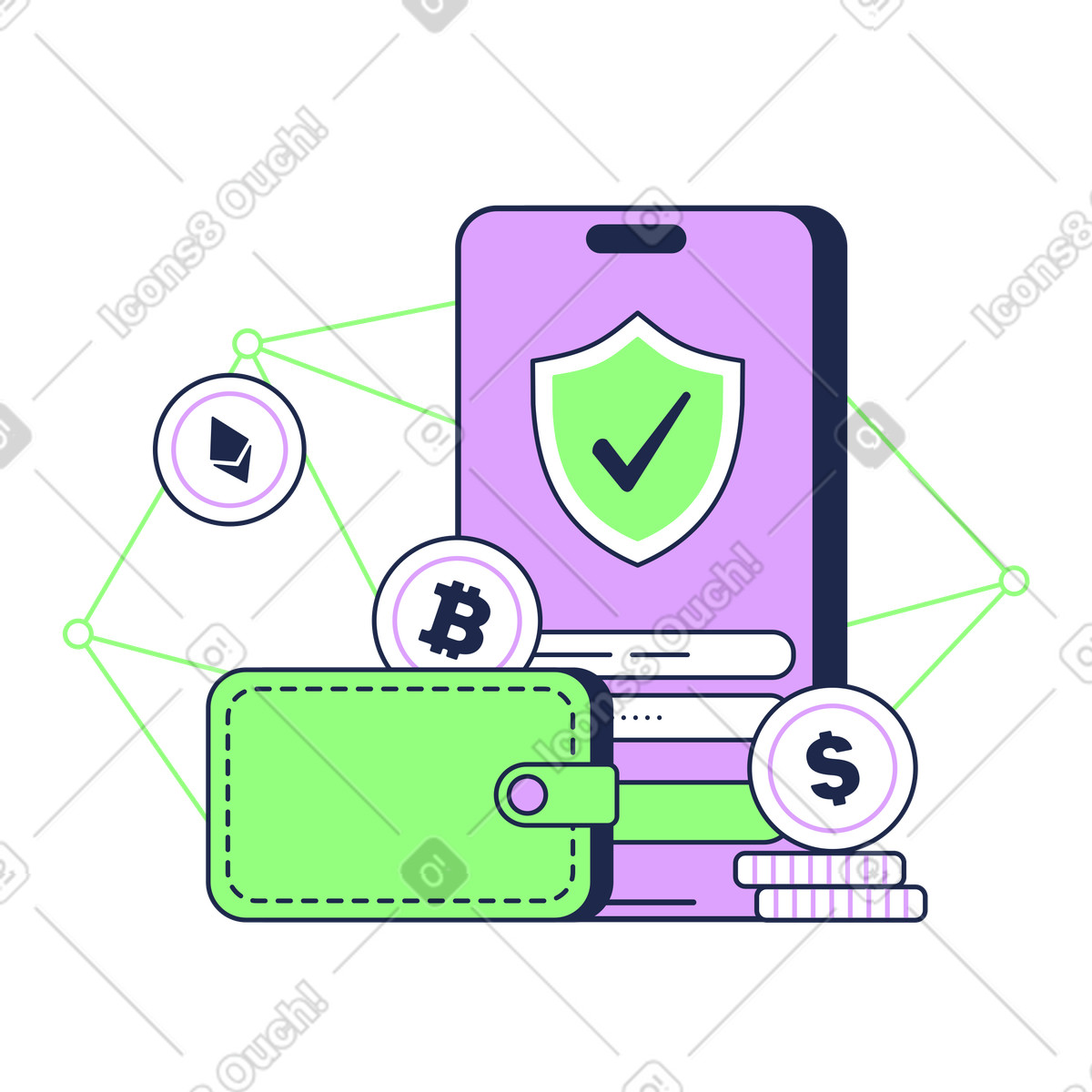 Outline 스타일의 Digital wallet with blockchain network, Secure crypto transactions and finance app 일러스트레이션 PNG, SVG 다운로드