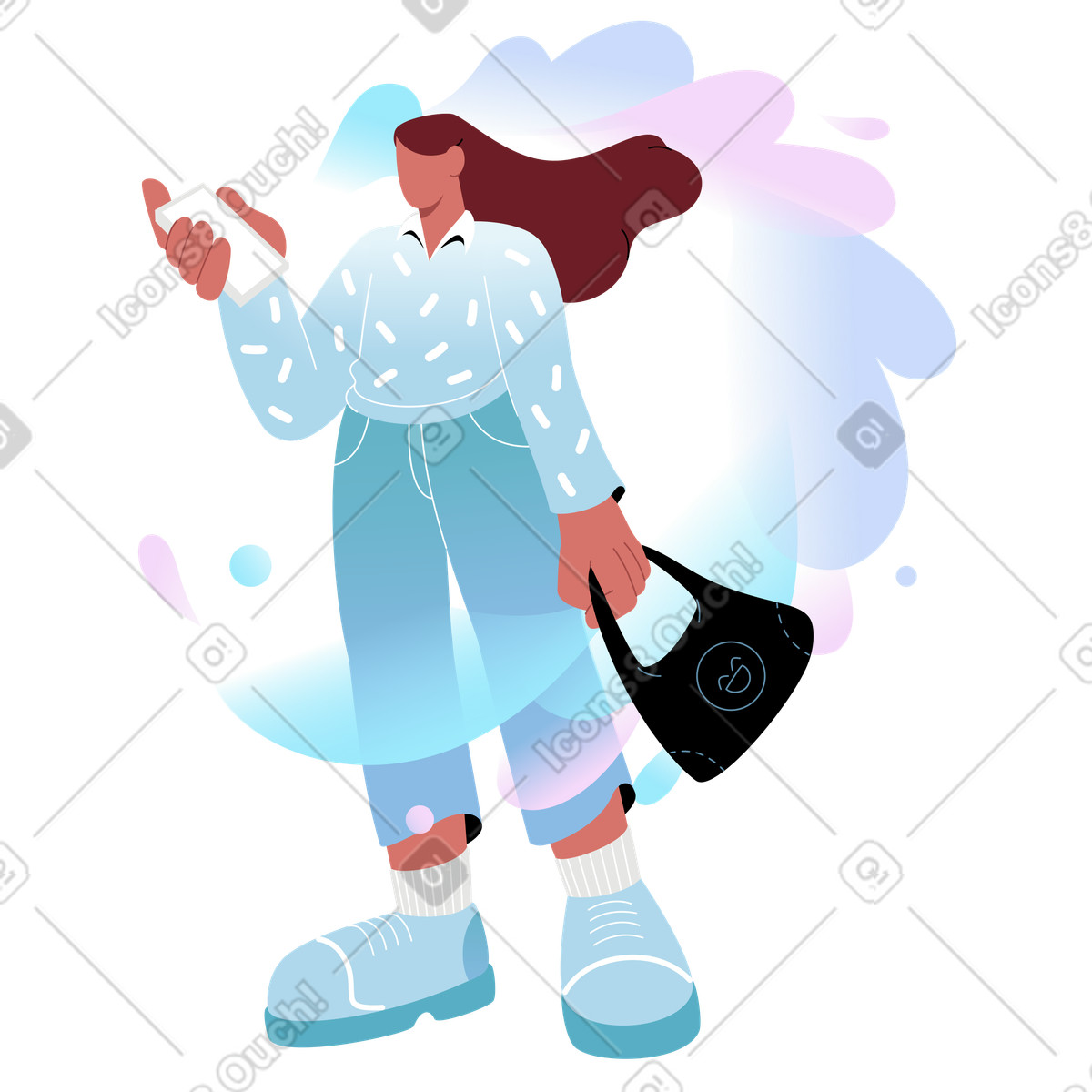 Airy スタイルの Person holding phone and smiley face bag, urban fashion digital lifestyle のイラストをPNG、SVG形式でダウンロード