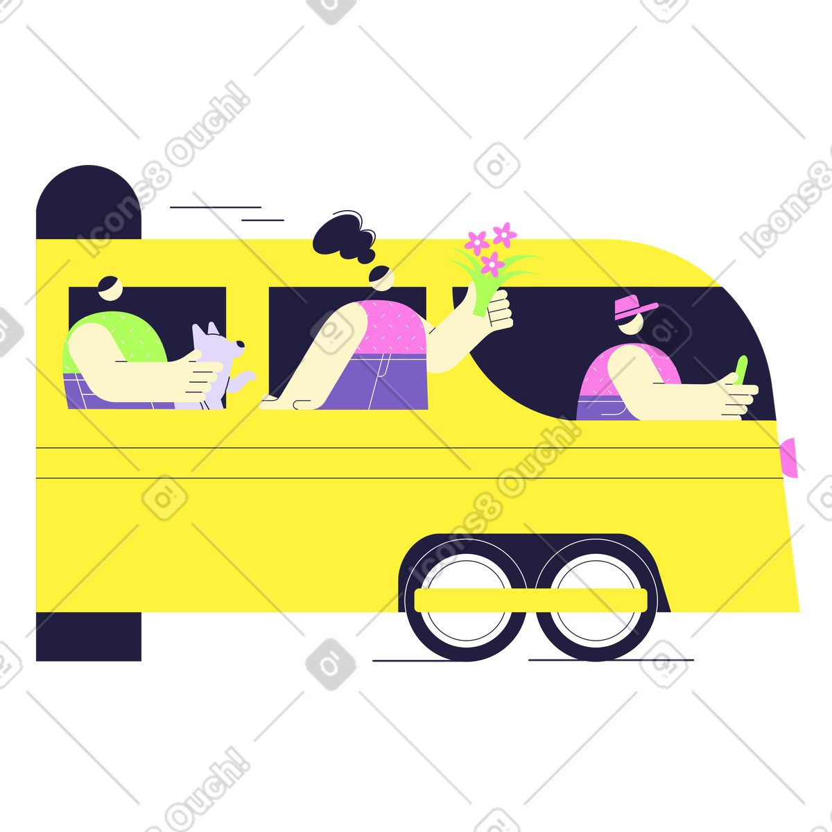 Illustration Personnes et chien conduisant dans un train le style Mellow à télécharger aux formats PNG, SVG