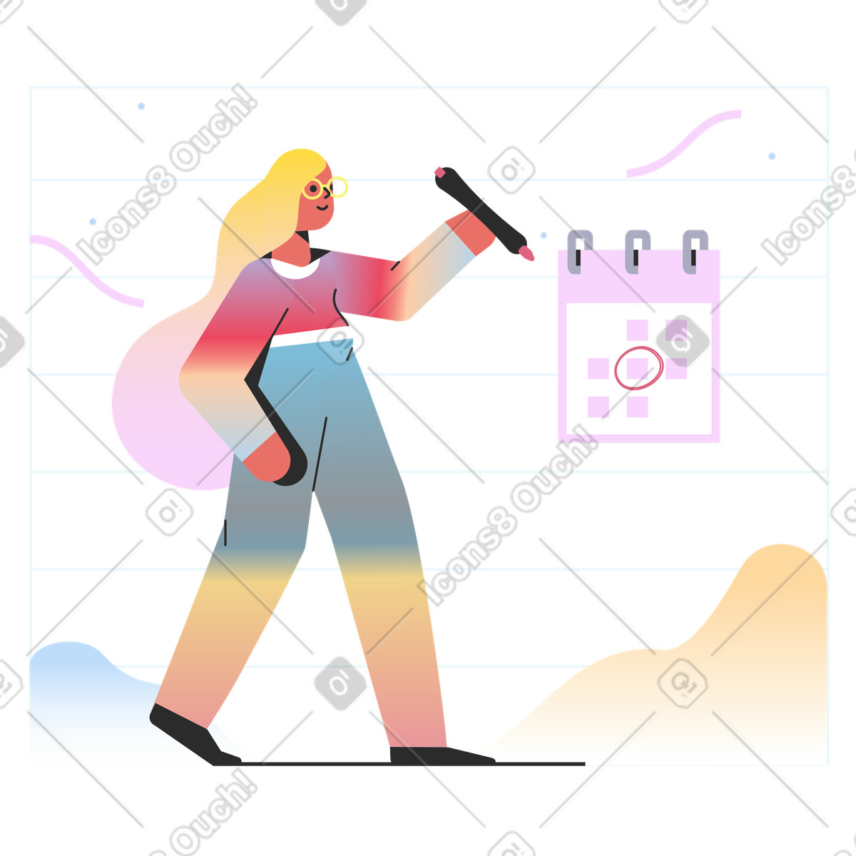 Ilustração de Mulher circulando uma data especial em um calendário em PNG e SVG