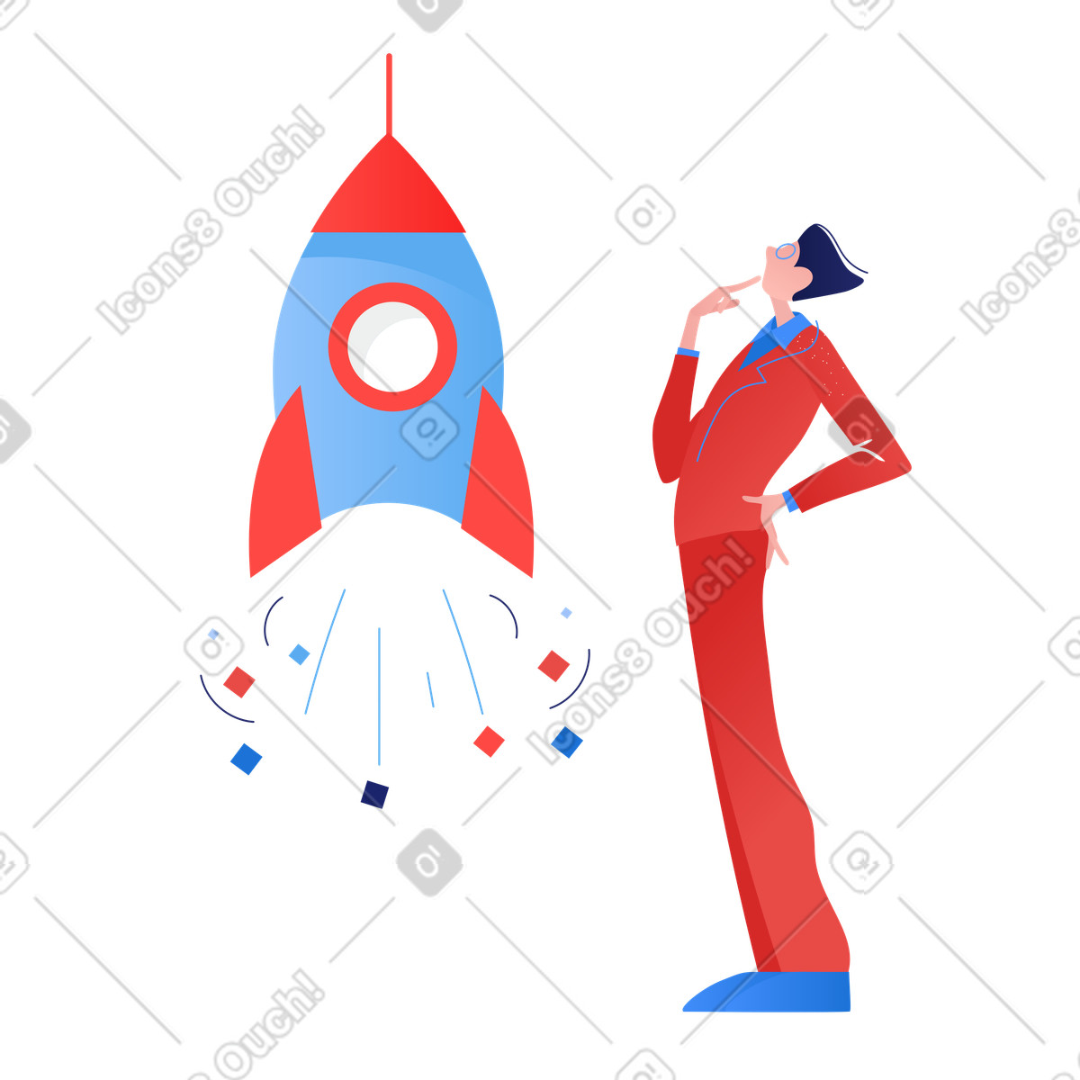 Ilustración Empresario lanzando un cohete o una startup en estilo Clip a descargar en PNG y SVG