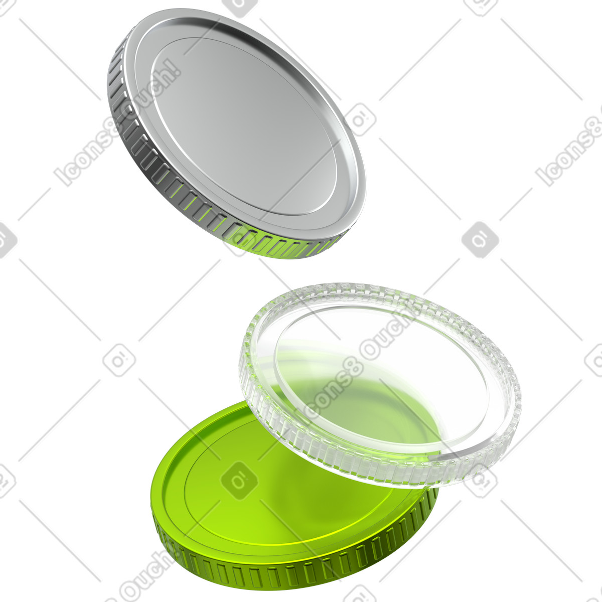 Silver and green coin stack, metallic token symbol, currency asset design, money swap concept illustration in 3D Enterprise style download in PNG, SVG