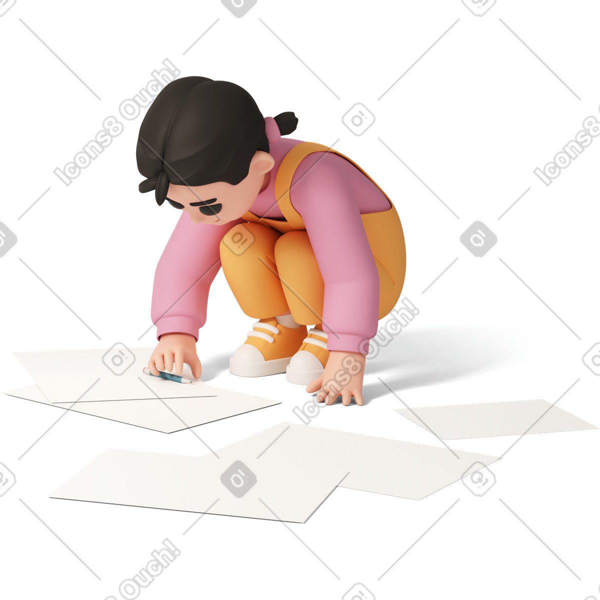 3D Casual life 스타일의 Little girl drawing on floor 일러스트레이션 PNG, SVG 다운로드