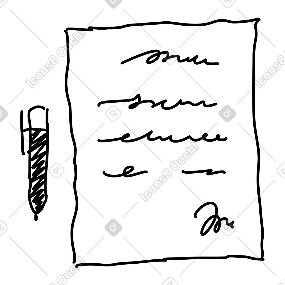 Ilustração de Document contract page with signature and ballpoint pen beside it em no estilo Rough Sketch para baixar em PNG, SVG