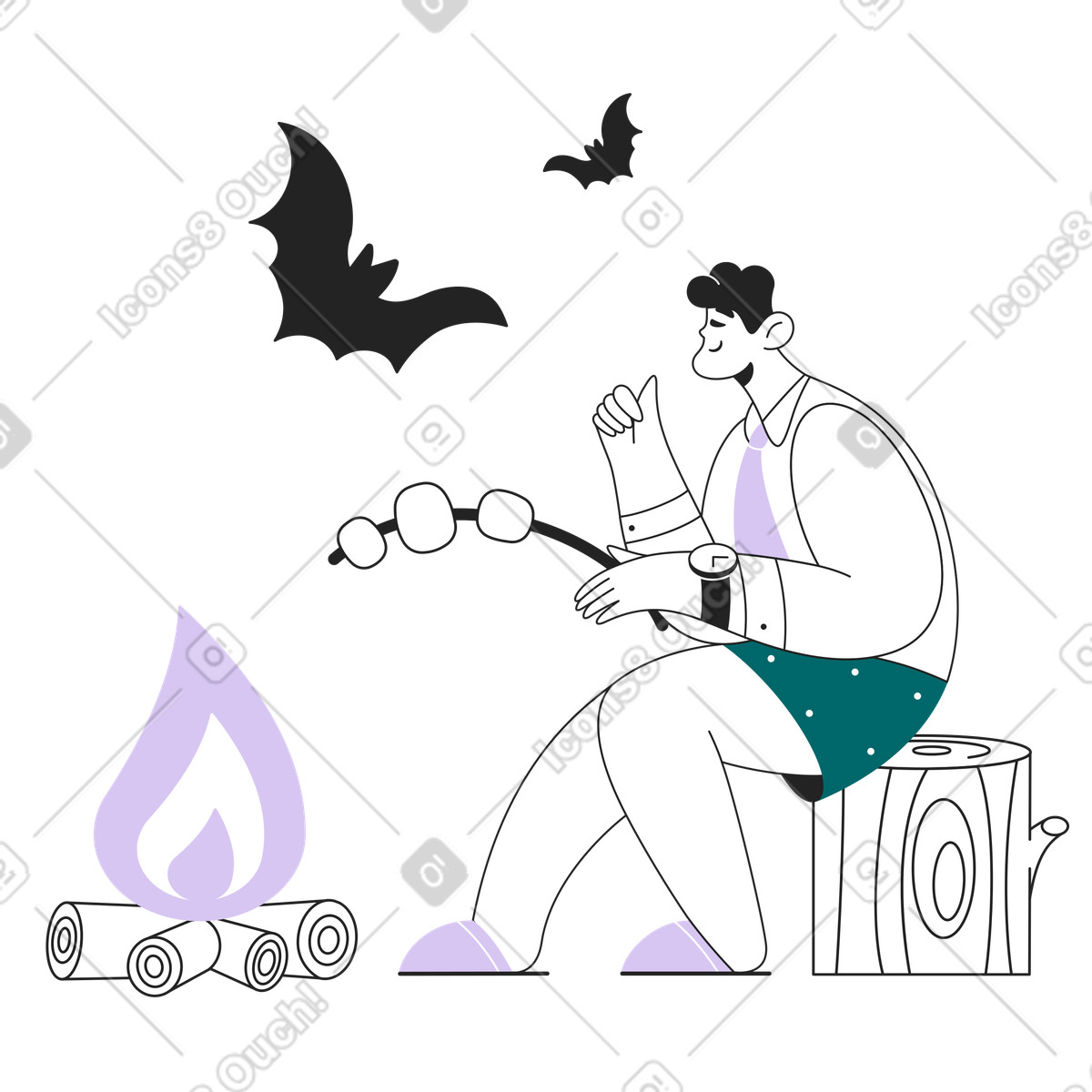 Ilustração de Tourist sitting by bonfire with marshmallows, Cozy campfire gathering em no estilo Sammy Line para baixar em PNG, SVG