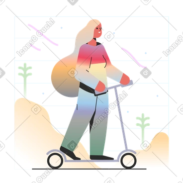 Woman with long hair on a kick scooter PNG, SVG