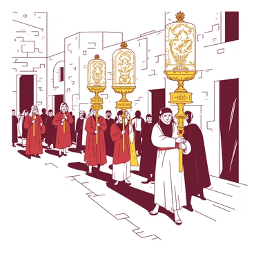 A solemn procession is moving through narrow, cobblestone streets of an ancient city. The streets are lined with historic stone buildings, their walls worn by the passage of time. In the front, several figures dressed in traditional robes are carefully carrying ornate, golden sacred relics held high on decorative stands. Each relic is embellished with intricate patterns and jewels that catch the light. The somber expressions of the procession members convey a deep respect for the relics as they move steadily forward. Behind them, a small group of onlookers watches quietly, their faces reflecting a sense of reverence for the moment. The atmosphere is filled with a sense of history and significance.