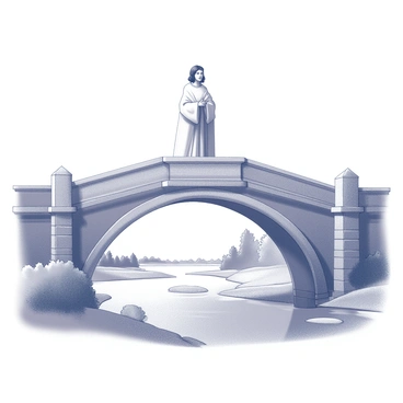A saint standing on a large, ornate arch bridge. The bridge is constructed with intricate stonework and features decorative elements along its sides. Below, a river flows gently, its surface reflecting the surrounding landscape. The saint is depicted in a robe, with a serene expression, hands clasped in prayer or contemplation. The river banks are lined with trees and shrubs, adding to the natural setting. The sky above is vast and open, creating a sense of tranquility around the scene.