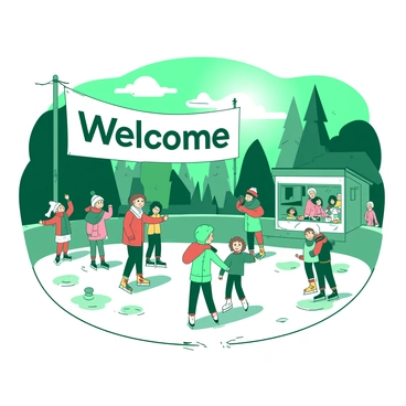A green outdoor ice-skating rink is bustling with families and friends. Children wearing colorful scarves and hats are joyfully skating around, some holding hands while others practice their moves. Nearby, a group of friends is laughing and taking pictures, their cheeks flushed from the excitement. In the background, a large white banner reads "Welcome" above the rink. Sunlight streams down, casting playful shadows on the ice. A small white booth selling hot cocoa and snacks is set up at the edge of the rink, with a few people in line. The atmosphere is lively and filled with cheerful chatter.