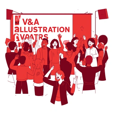 A red audience is standing and applauding enthusiastically during the "V&A Illustration Awards" announcement. The audience is composed of diverse individuals, both men and women, with various expressions of excitement on their faces. Some audience members are raising their hands in the air while others are smiling broadly. A white stage is visible in the background, where a banner with the words "V&A Illustration Awards" is displayed prominently. The lighting highlights the energy of the moment, capturing the spirit of celebration.