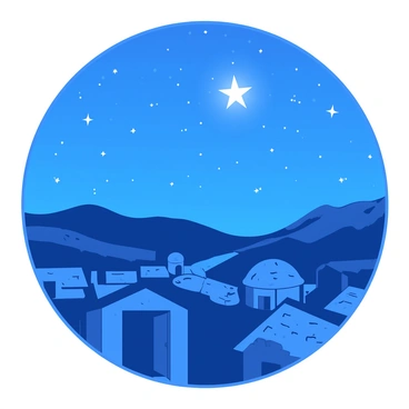 A blue night sky is speckled with a multitude of shining stars, with a particularly bright star glowing above. Below, the silhouette of the town of Bethlehem can be seen, featuring simple stone buildings with domed roofs and narrow streets winding through them. The scene is illuminated softly by the star's light, casting gentle shadows across the rooftops. A calm atmosphere envelops the scene, conveying a sense of serenity in the stillness of the night.