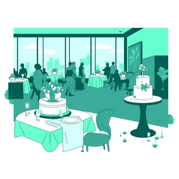 A teal modern wedding reception is arranged in a spacious urban loft with large windows showcasing an expansive view of the city skyline. Elegantly set tables, draped in white linens, are adorned with centerpieces featuring vibrant teal and white flowers. Soft lighting illuminates the space, creating a warm ambiance. Guests are mingling, dressed in stylish attire, with a backdrop of contemporary artwork on the walls. In one corner, a stunning white cake stands on a pedestal, surrounded by small teal candles that add a romantic glow to the scene.
