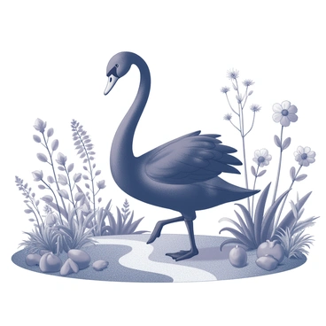 A black swan wandering through a lush, magical garden