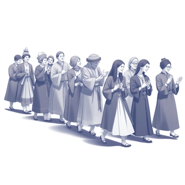 A parade of individuals walking together, each wearing traditional clothing representative of different cultures around the world. Some participants have intricate headdresses adorned with decorative elements, while others showcase colorful sashes and detailed embroidery on their garments. The procession features a variety of styles, including flowing robes, layered skirts, and tailored jackets, reflecting the rich diversity of cultural attire. Each person is smiling and interacting with others, creating an atmosphere of camaraderie and celebration. The ground is lined with spectators, some clapping and others taking photographs to capture the vibrant scene.