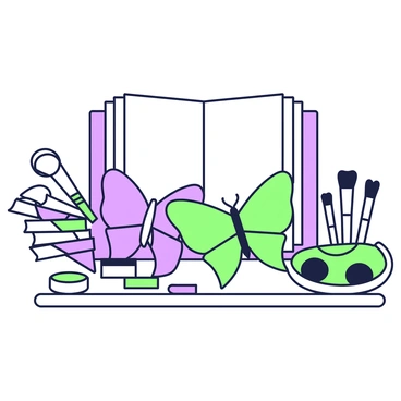 A collection of origami butterflies is resting on a table. The butterflies display various intricate folds and patterns. Surrounding the butterflies, there are several art supplies. On the left side of the table, there is a stack of colored paper in multiple sizes. Next to it, a pair of scissors is placed, along with a roll of tape. On the right side, a green paint palette sits beside a set of brushes. In the background, a sketchbook is partially opened, revealing blank pages ready for use.