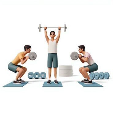 A single frame showcasing multiple variations of "barbell squats." On the left, a person is performing a "back squat" with a barbell resting on their upper back, knees bent deeply, and feet shoulder-width apart. To the right, another individual is executing a "front squat," holding the barbell at shoulder height, with an upright torso and a focus on balance. In the center, a participant is engaged in an "overhead squat," lifting the barbell above their head with straight arms, demonstrating core strength and stability. Each person is wearing athletic attire, with visible sweat and determination on their faces as they focus on their form. The background features a gym environment equipped with weights and exercise mats.