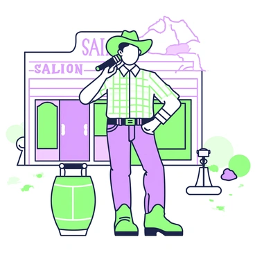 A cowboy holding a microphone in a wild west setting