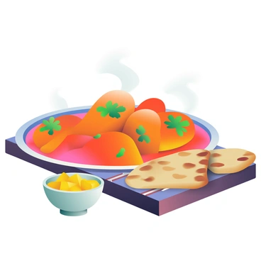 A hot plate is filled with vibrant orange and red traditional Indian curry, steaming gently. The curry is adorned with fresh cilantro leaves sprinkled on top. Next to the curry, there are two pieces of golden-brown naan, slightly charred on the edges. A small bowl of bright yellow mango chutney is placed on the side, showcasing its chunky texture. The background features a rustic wooden table, enhancing the traditional dining atmosphere.