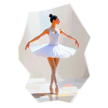 A graceful ballet dancer in a flowing white tutu performing on a white background