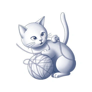 An outline of a cat in a playful pose, with its body slightly arched and its tail curved upwards. The cat is playfully tangled in a large ball of yarn, with strands of yarn wrapped around its paws and body. The ears are perked up, and the eyes are wide, conveying a sense of curiosity and mischief. The composition captures the dynamic movement of the cat, as it appears to be energetically batting at the yarn with one paw.